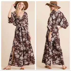 Floral print wide leg jumpsuit with belted waist